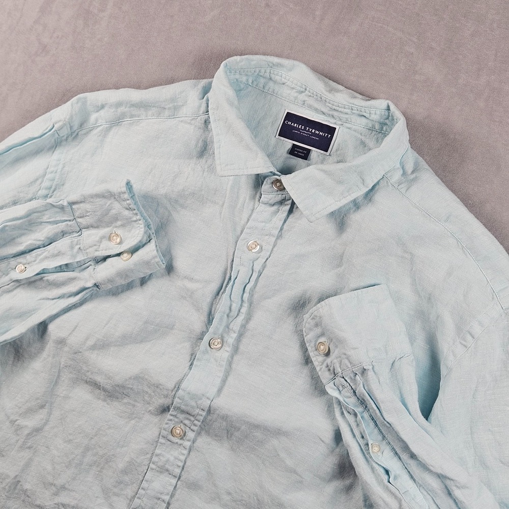 Charles Tyrwhitt 100% Linen Shirt Mens XXL Light Blue Classic Fit Button Up